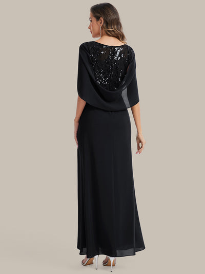 Maxi Chiffon A-Linie Kleid Mit Rundhalsausschnitt Raffung Und Durchsichtiger Cowl Neck Detail #Farbe_Schwarz