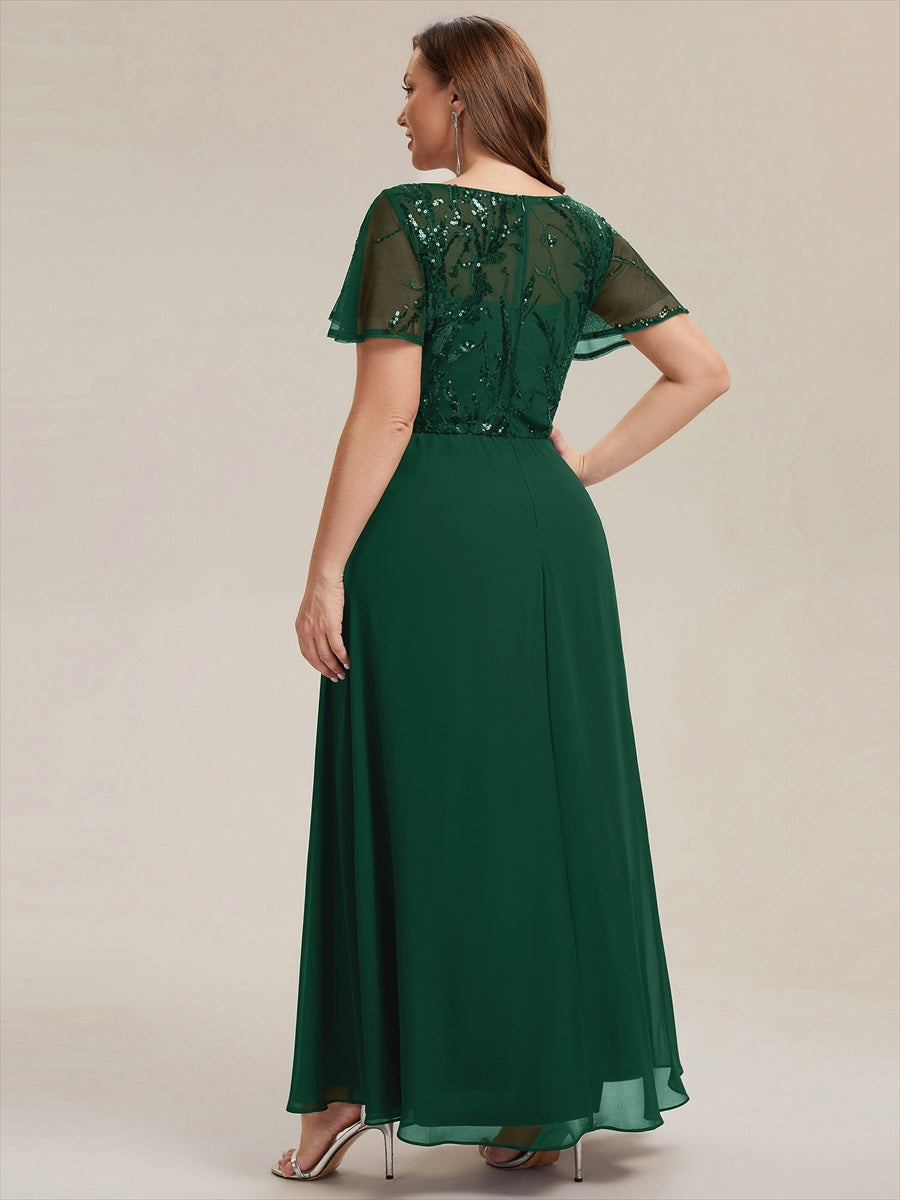 Maxi V-Ausschnitt A-Linie Pailletten Kleid Mit Tiefem V-Ausschnitt Und Applikationen Durchsichtiger Stil Kleid #Farbe_Dunkelgrün