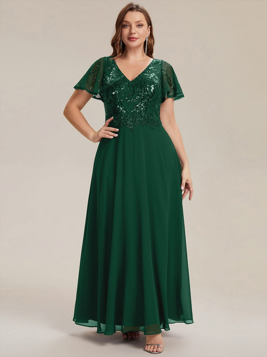 Maxi V-Ausschnitt A-Linie Pailletten Kleid Mit Tiefem V-Ausschnitt Und Applikationen Durchsichtiger Stil Kleid #Farbe_Dunkelgrün