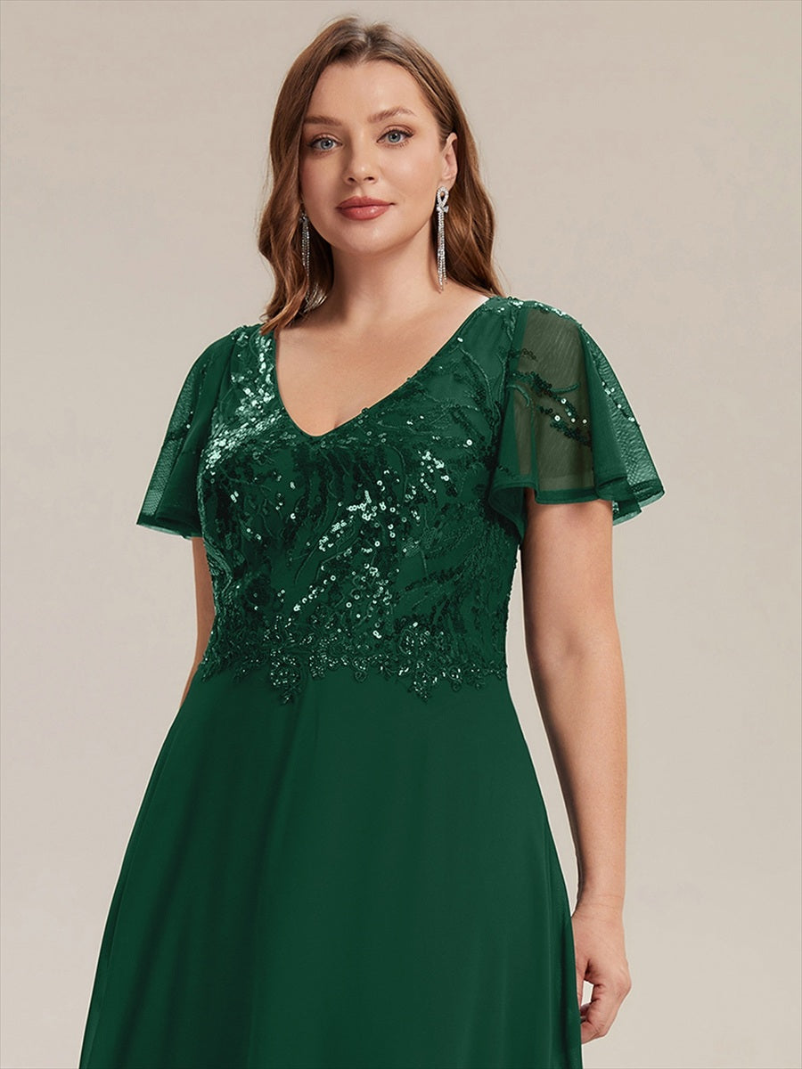 Maxi V-Ausschnitt A-Linie Pailletten Kleid Mit Tiefem V-Ausschnitt Und Applikationen Durchsichtiger Stil Kleid #Farbe_Dunkelgrün