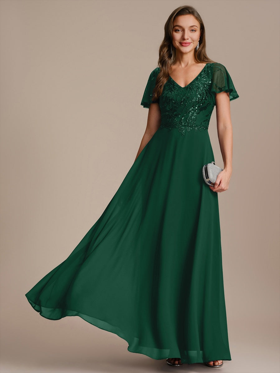 Maxi V-Ausschnitt A-Linie Pailletten Kleid Mit Tiefem V-Ausschnitt Und Applikationen Durchsichtiger Stil Kleid #Farbe_Dunkelgrün