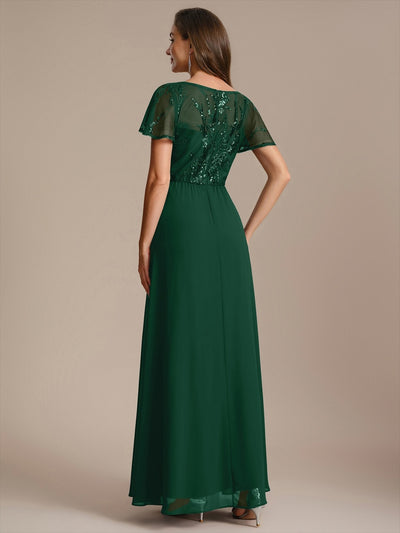Maxi V-Ausschnitt A-Linie Pailletten Kleid Mit Tiefem V-Ausschnitt Und Applikationen Durchsichtiger Stil Kleid #Farbe_Dunkelgrün