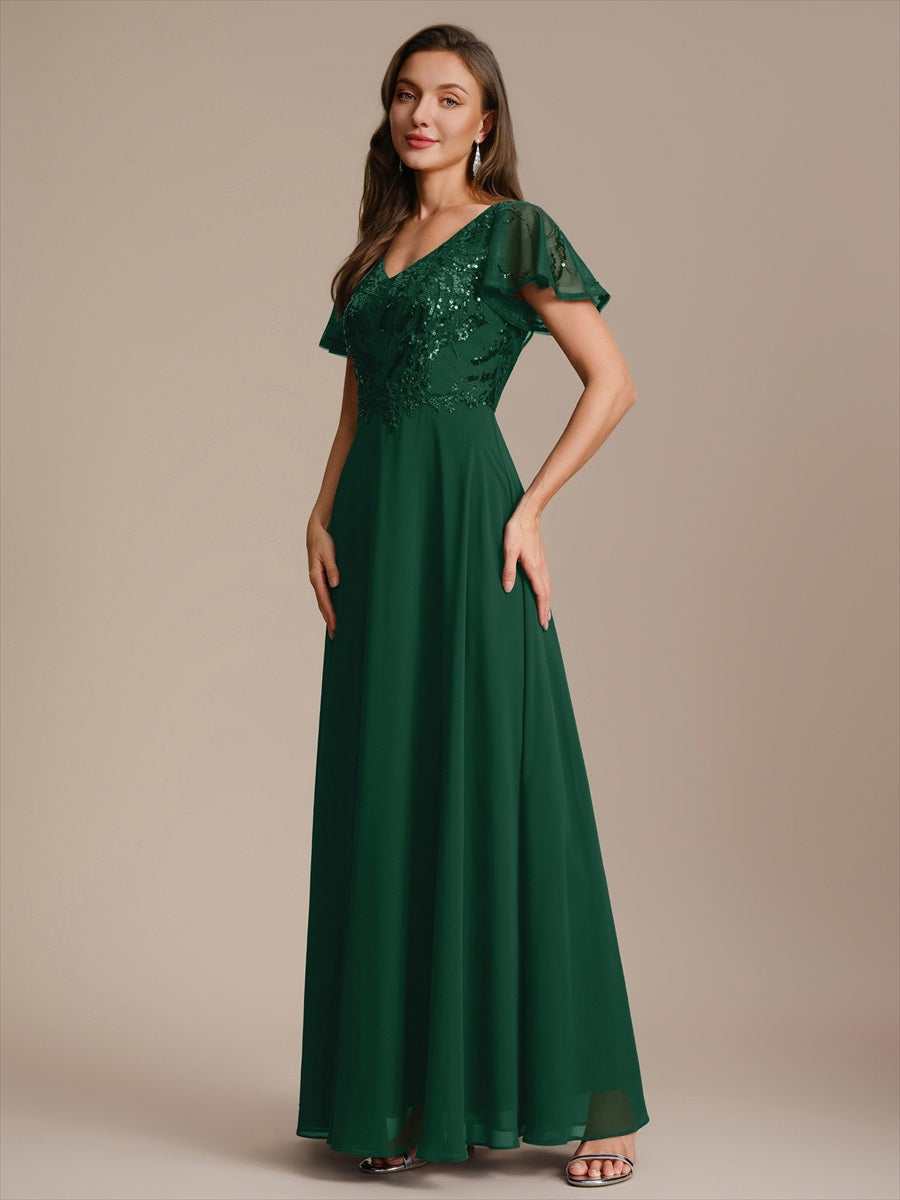Maxi V-Ausschnitt A-Linie Pailletten Kleid Mit Tiefem V-Ausschnitt Und Applikationen Durchsichtiger Stil Kleid #Farbe_Dunkelgrün