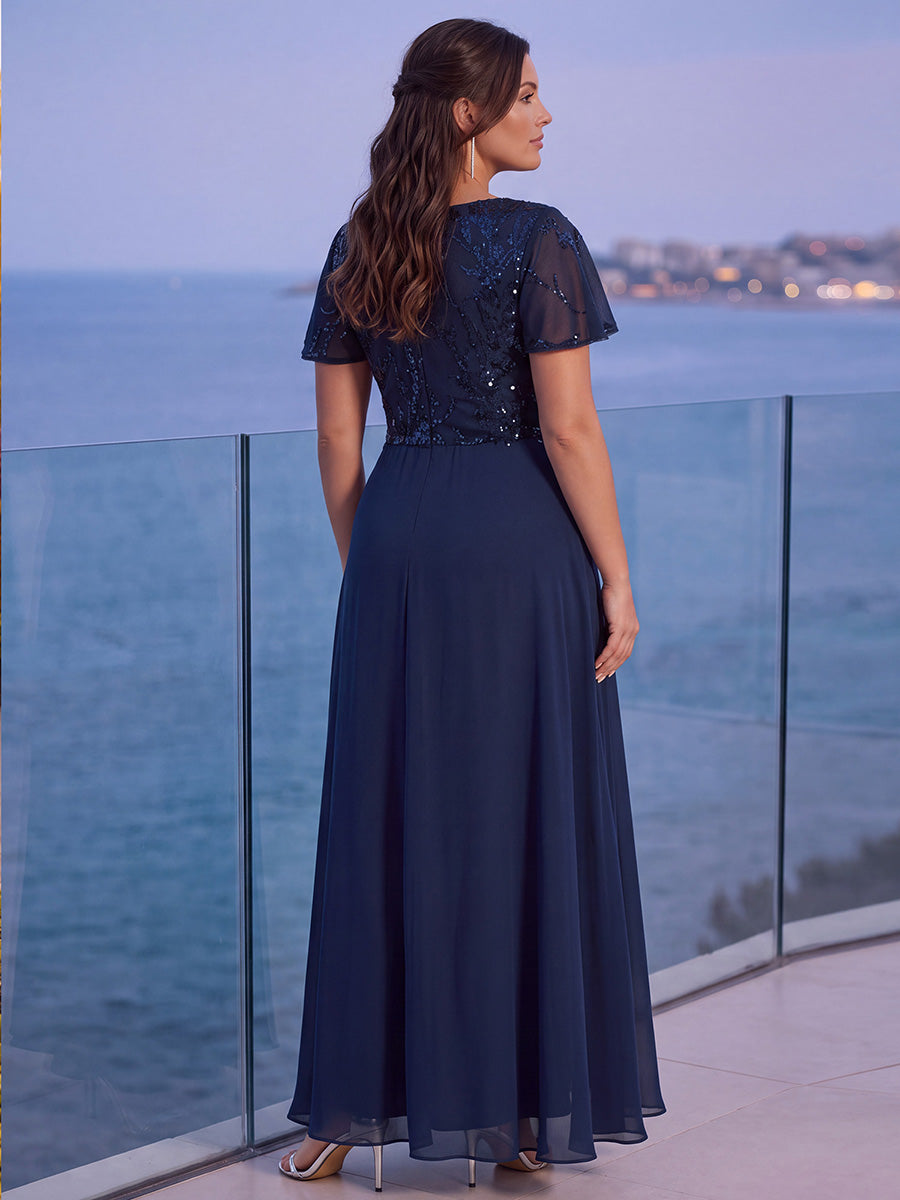 Maxi V-Ausschnitt A-Linie Pailletten Kleid Mit Tiefem V-Ausschnitt Und Applikationen Durchsichtiger Stil Kleid #Farbe_Marineblau