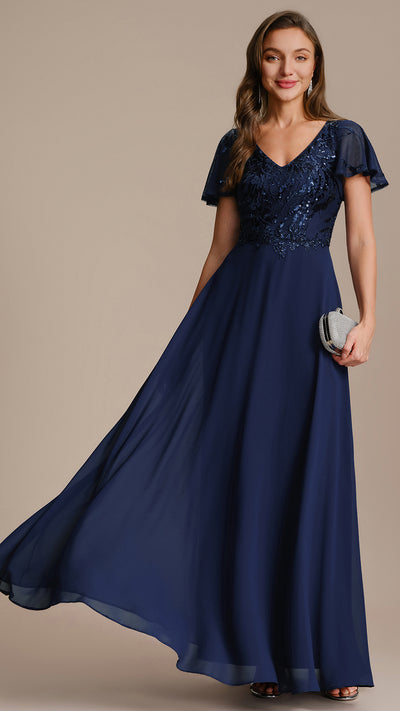 Maxi V-Ausschnitt A-Linie Pailletten Kleid Mit Tiefem V-Ausschnitt Und Applikationen Durchsichtiger Stil Kleid #Farbe_Marineblau