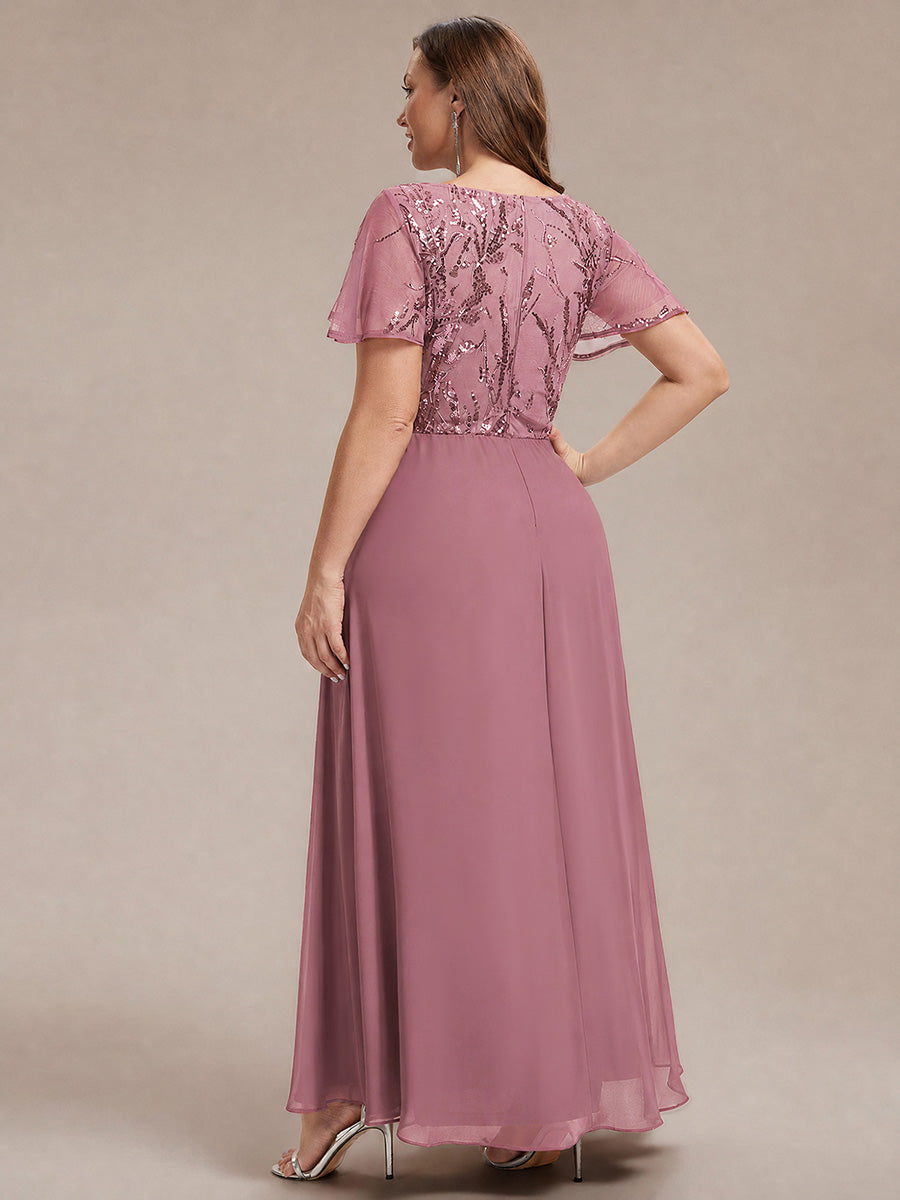 Maxi V-Ausschnitt A-Linie Pailletten Kleid Mit Tiefem V-Ausschnitt Und Applikationen Durchsichtiger Stil Kleid #Farbe_Orchideenviolett