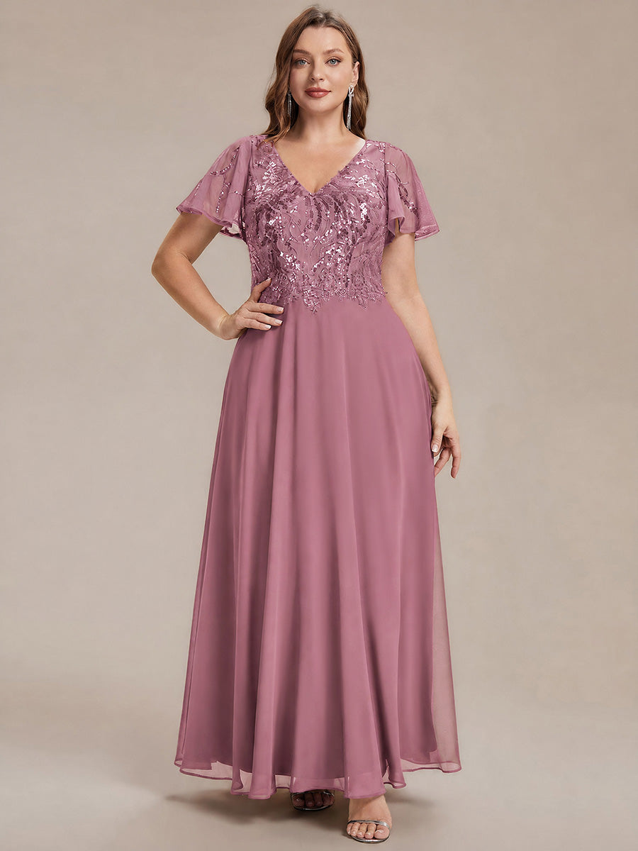 Maxi V-Ausschnitt A-Linie Pailletten Kleid Mit Tiefem V-Ausschnitt Und Applikationen Durchsichtiger Stil Kleid #Farbe_Orchideenviolett