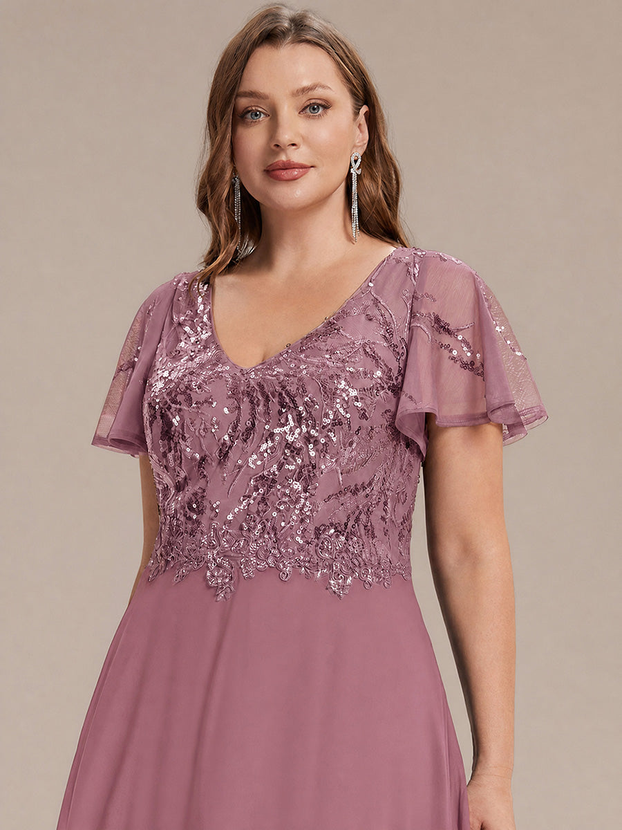 Maxi V-Ausschnitt A-Linie Pailletten Kleid Mit Tiefem V-Ausschnitt Und Applikationen Durchsichtiger Stil Kleid #Farbe_Orchideenviolett