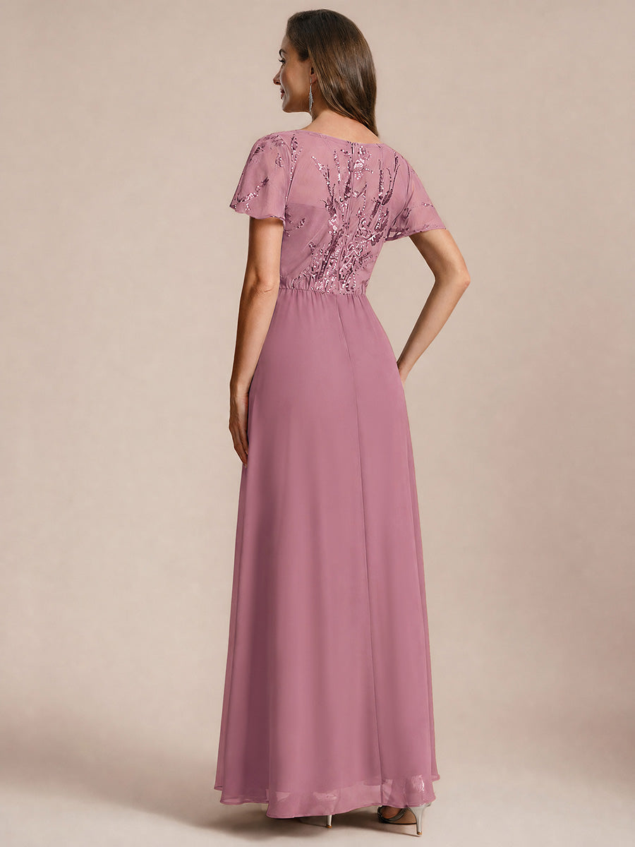 Maxi V-Ausschnitt A-Linie Pailletten Kleid Mit Tiefem V-Ausschnitt Und Applikationen Durchsichtiger Stil Kleid #Farbe_Orchideenviolett