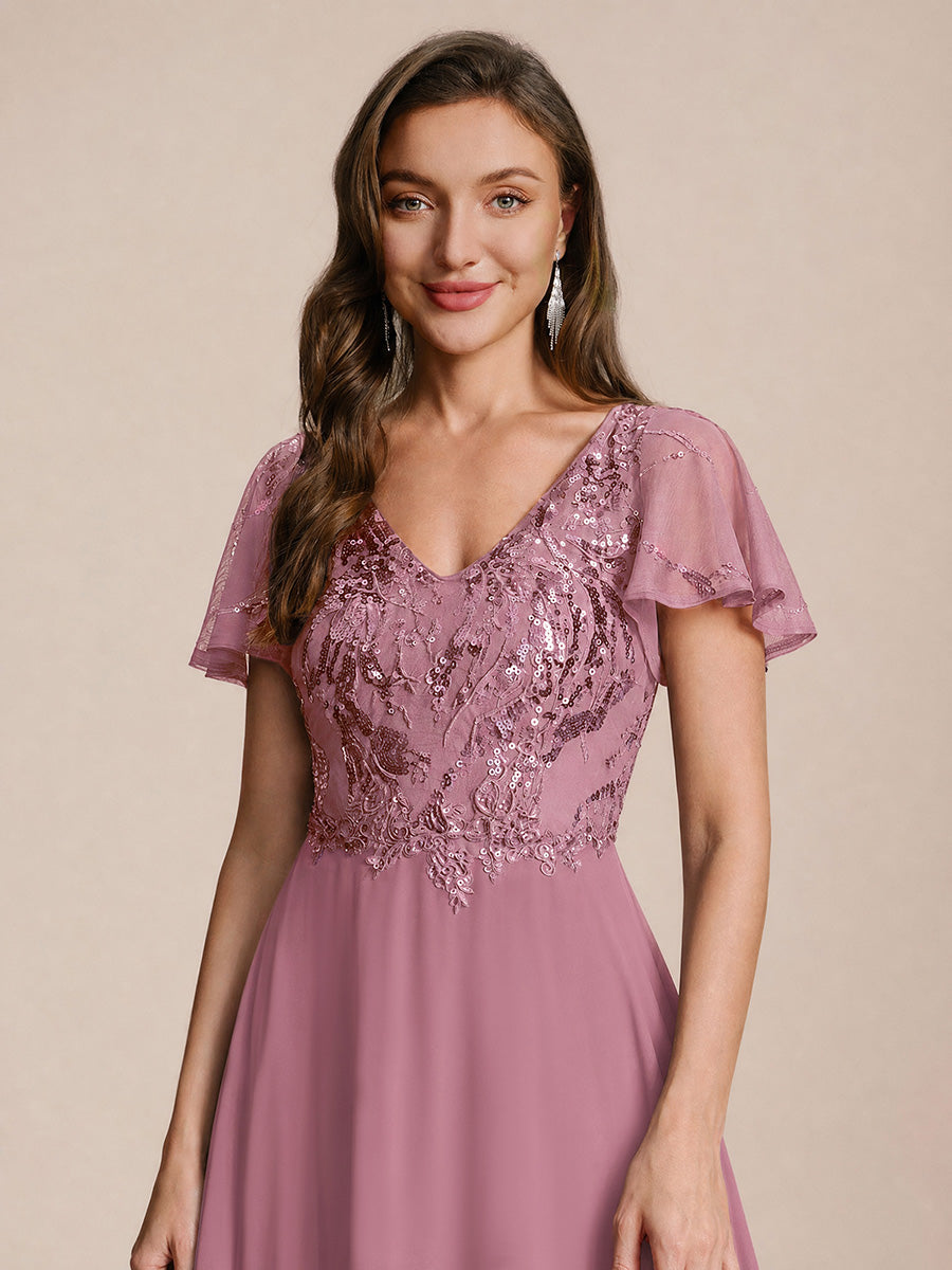 Maxi V-Ausschnitt A-Linie Pailletten Kleid Mit Tiefem V-Ausschnitt Und Applikationen Durchsichtiger Stil Kleid #Farbe_Orchideenviolett
