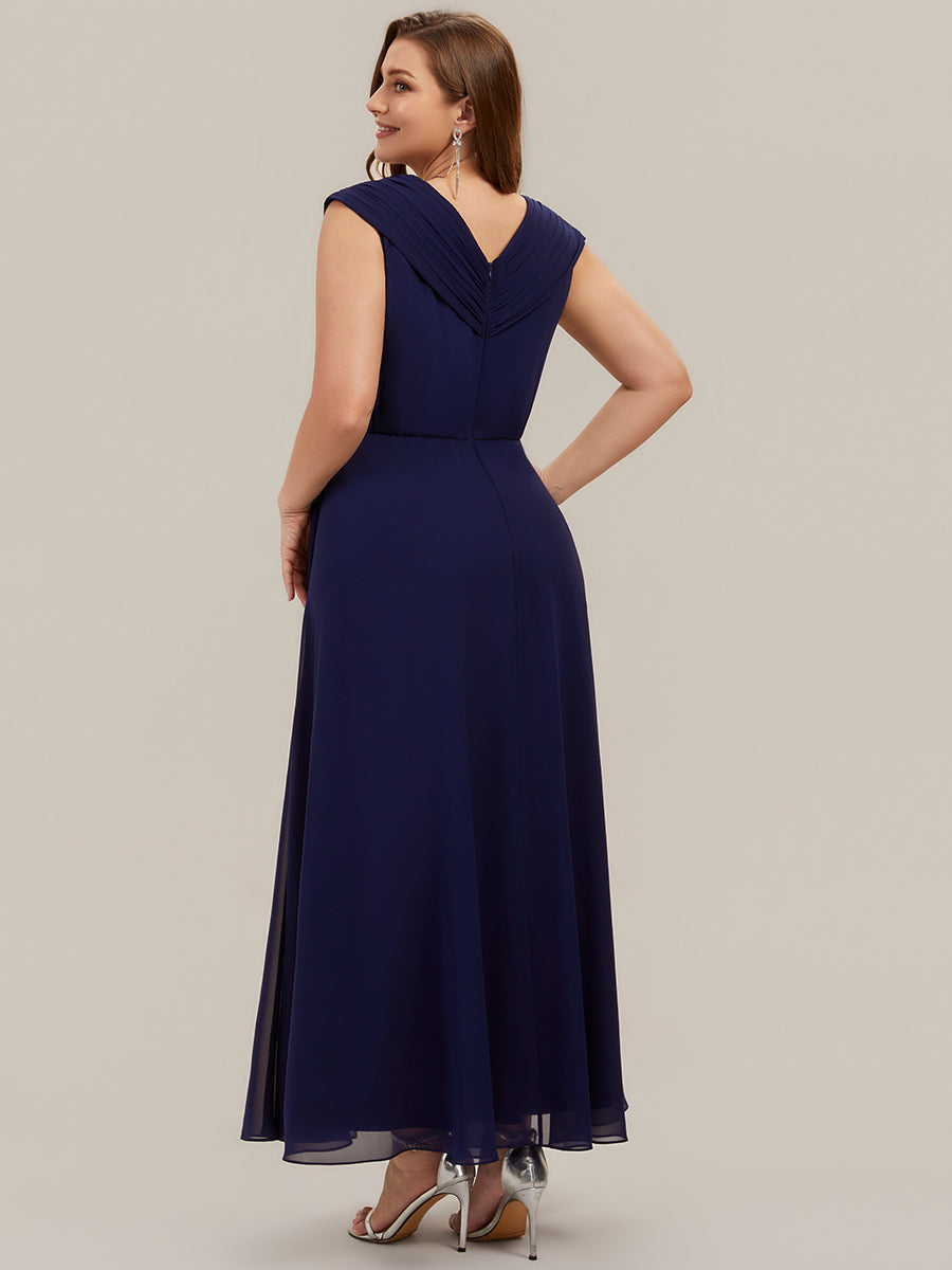 Maxilänge V-Ausschnitt A-Linie Chiffon Kleid Mit Tiefem V-Ausschnitt Applikationen Und Fließenden Bändern #Farbe_Marineblau