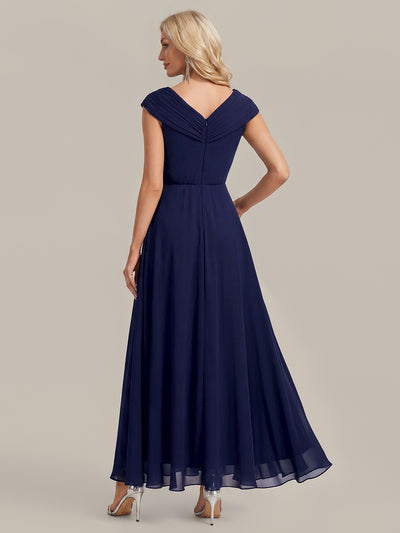 Maxilänge V-Ausschnitt A-Linie Chiffon Kleid Mit Tiefem V-Ausschnitt Applikationen Und Fließenden Bändern #Farbe_Marineblau