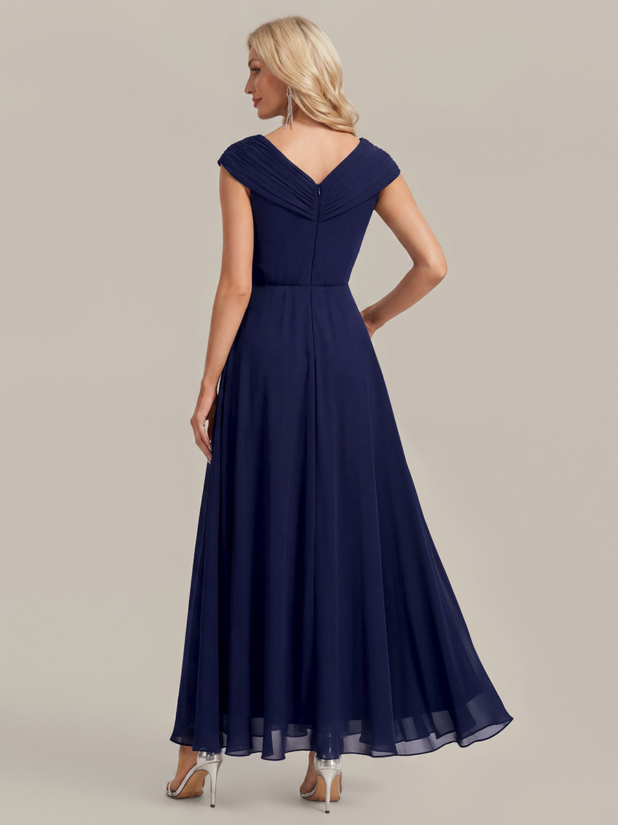 Maxilänge V-Ausschnitt A-Linie Chiffon Kleid Mit Tiefem V-Ausschnitt Applikationen Und Fließenden Bändern #Farbe_Marineblau