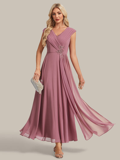 Maxilänge V-Ausschnitt A-Linie Chiffon Kleid Mit Tiefem V-Ausschnitt Applikationen Und Fließenden Bändern #Farbe_Orchideenviolett