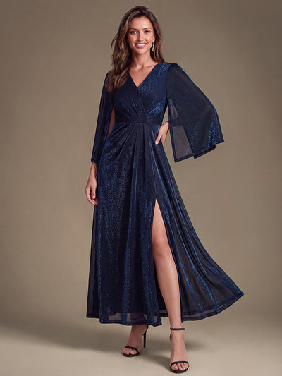 Maxilänge Etui Kleid Überkreuzter Ausschnitt Lurex Netzstoff 3D Drapierung Eleganter Look #Farbe_Marineblau