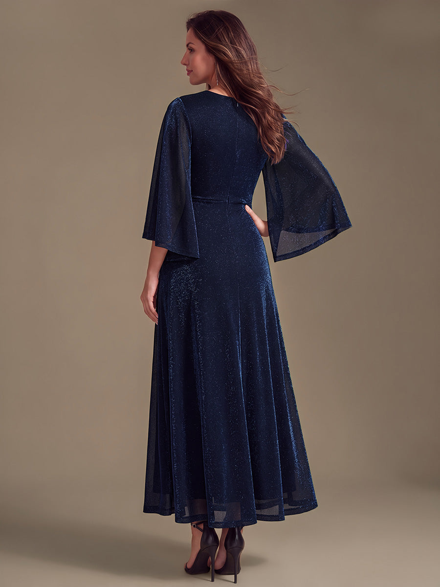 Maxilänge Etui Kleid Überkreuzter Ausschnitt Lurex Netzstoff 3D Drapierung Eleganter Look #Farbe_Marineblau