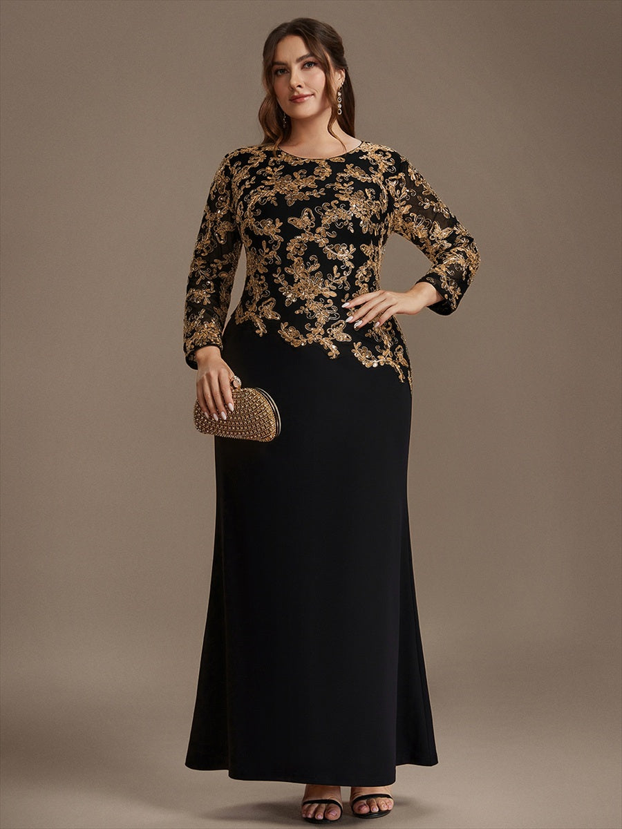Maxilänge Figurbetontes Kleid Runder Ausschnitt Pailletten Glänzendes Design #Farbe_Schwarz & Gold