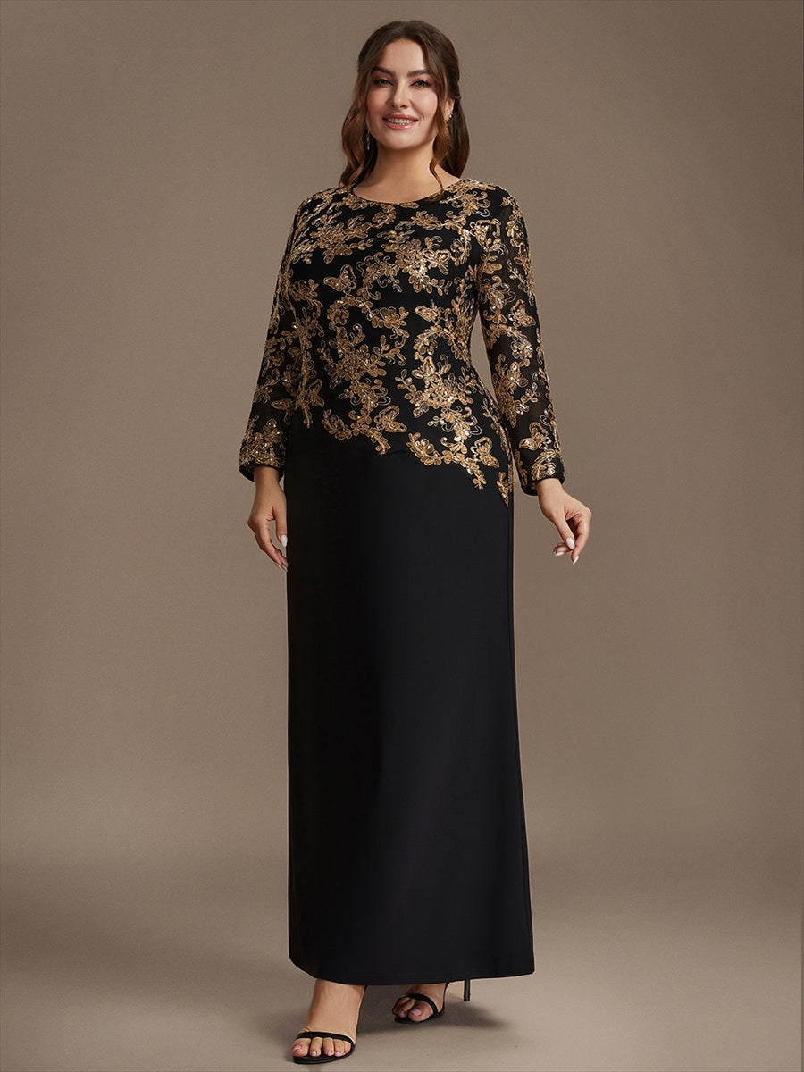 Maxilänge Figurbetontes Kleid Runder Ausschnitt Pailletten Glänzendes Design #Farbe_Schwarz & Gold