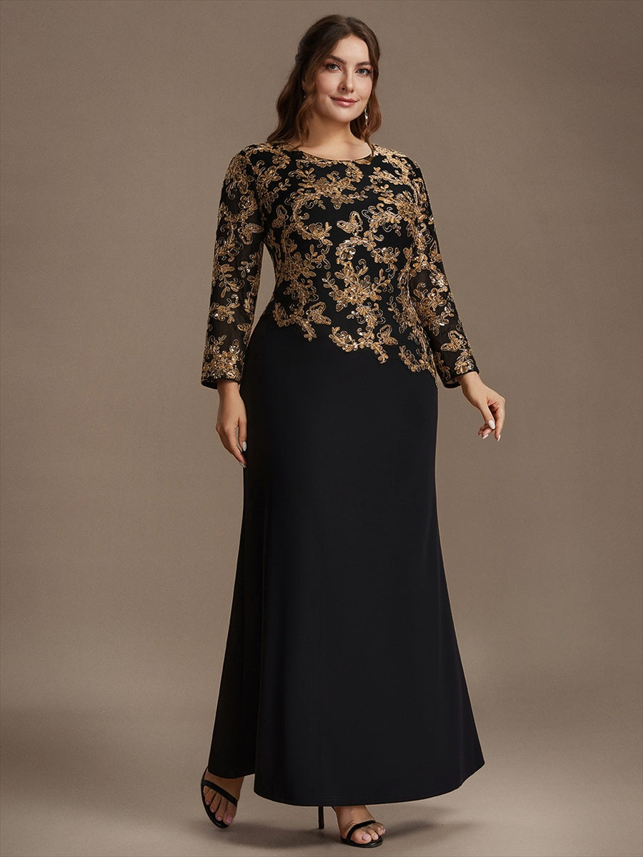 Maxilänge Figurbetontes Kleid Runder Ausschnitt Pailletten Glänzendes Design #Farbe_Schwarz & Gold