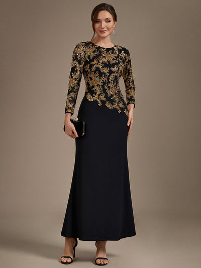 Maxilänge Figurbetontes Kleid Runder Ausschnitt Pailletten Glänzendes Design #Farbe_Schwarz & Gold