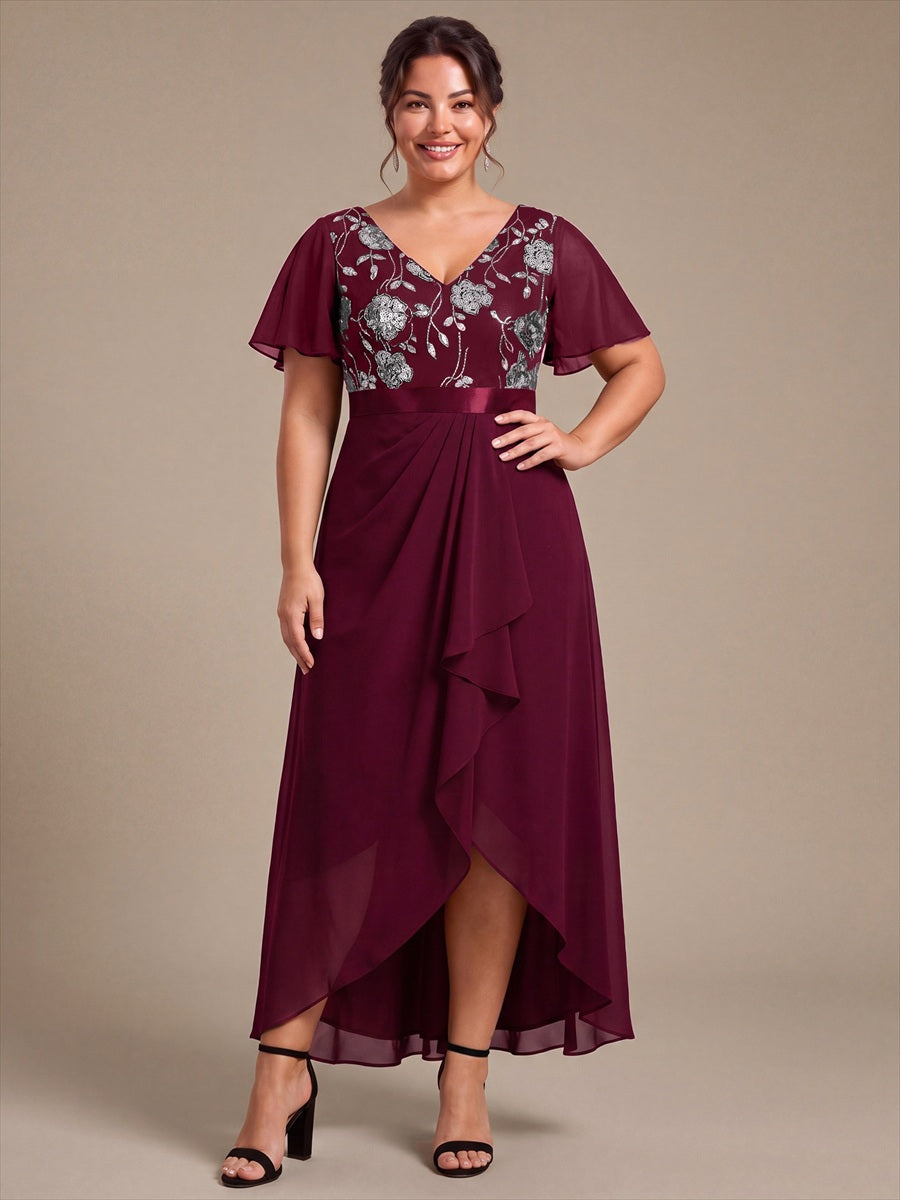 Chiffon V-Ausschnitt Asymmetrical Volantärmel brautmutterkleid #Farbe_Burgunderrot