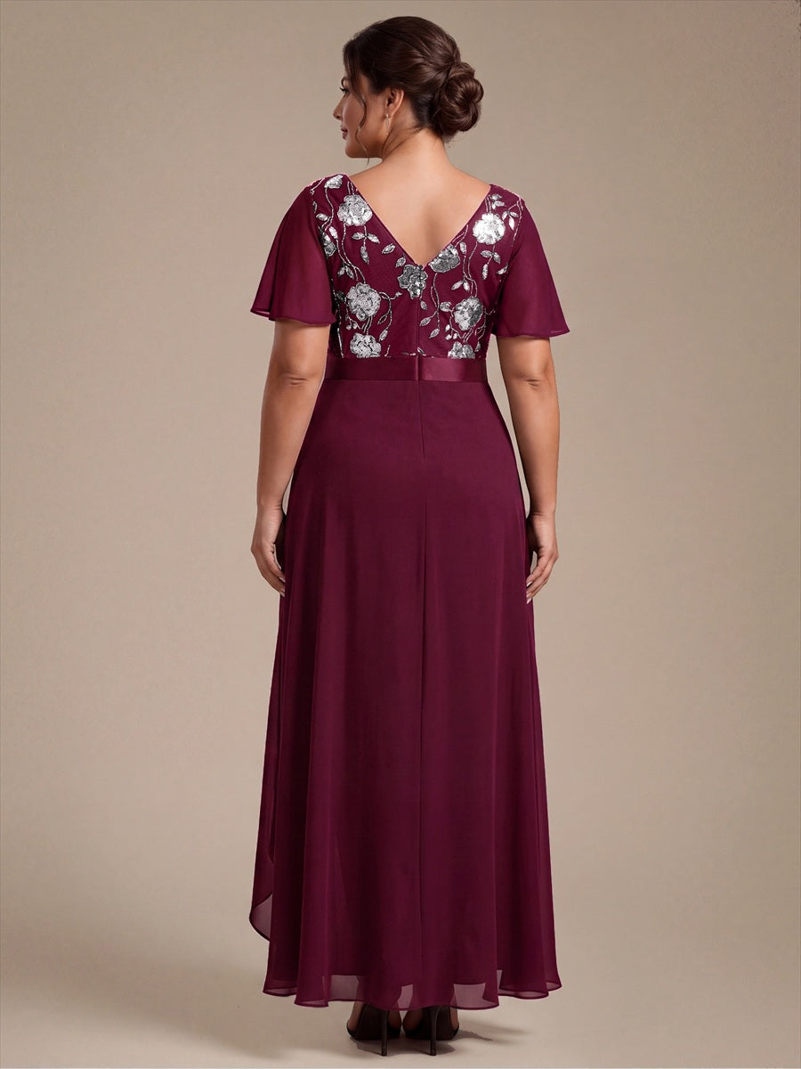 Chiffon V-Ausschnitt Asymmetrical Volantärmel brautmutterkleid #Farbe_Burgunderrot