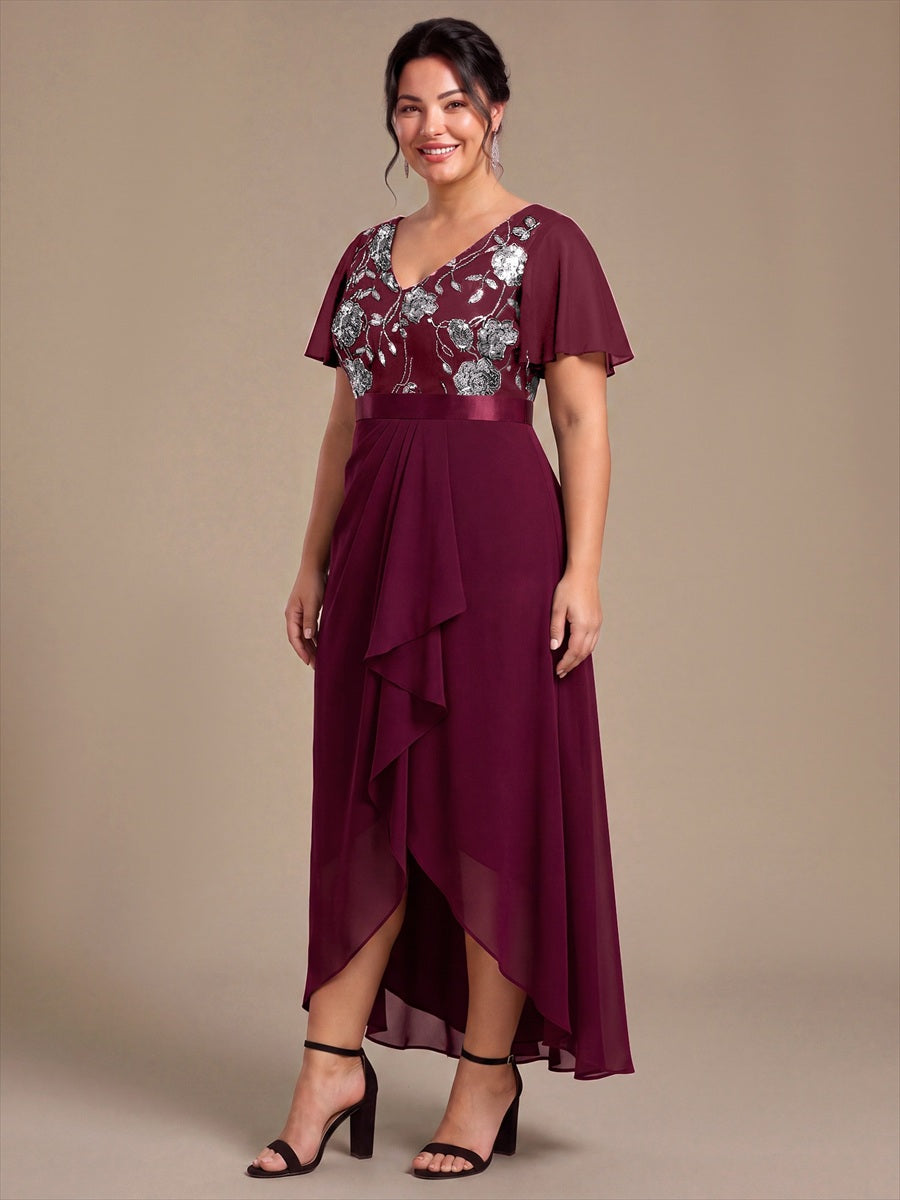 Chiffon V-Ausschnitt Asymmetrical Volantärmel brautmutterkleid #Farbe_Burgunderrot