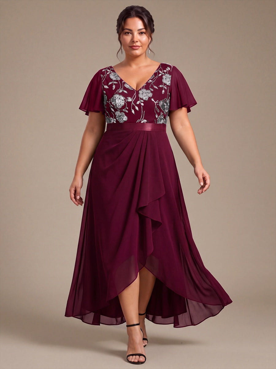 Chiffon V-Ausschnitt Asymmetrical Volantärmel brautmutterkleid #Farbe_Burgunderrot