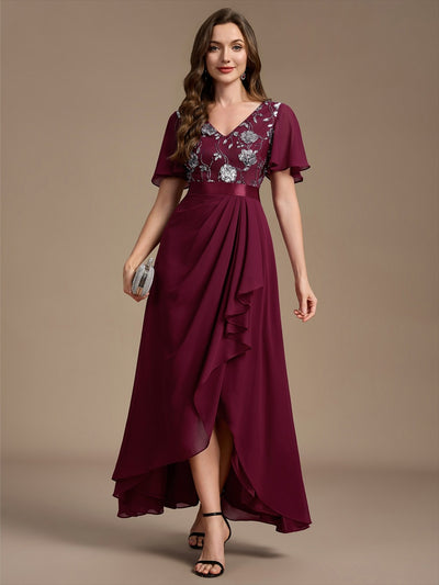 Chiffon V-Ausschnitt Asymmetrical Volantärmel brautmutterkleid #Farbe_Burgunderrot