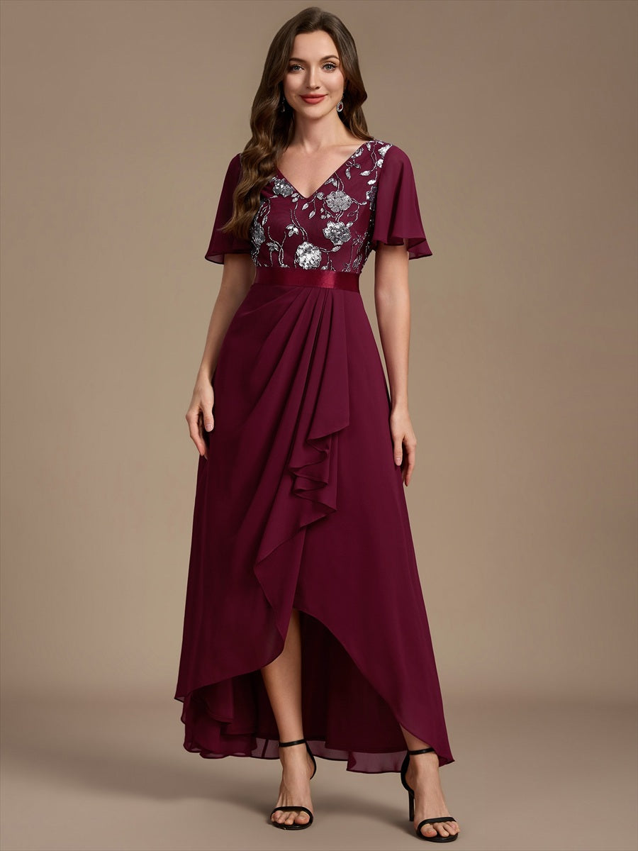 Chiffon V-Ausschnitt Asymmetrical Volantärmel brautmutterkleid #Farbe_Burgunderrot