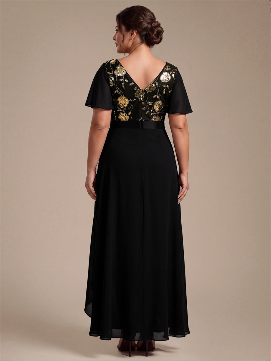 Chiffon V-Ausschnitt Asymmetrical Volantärmel brautmutterkleid #Farbe_Schwarz & Gold