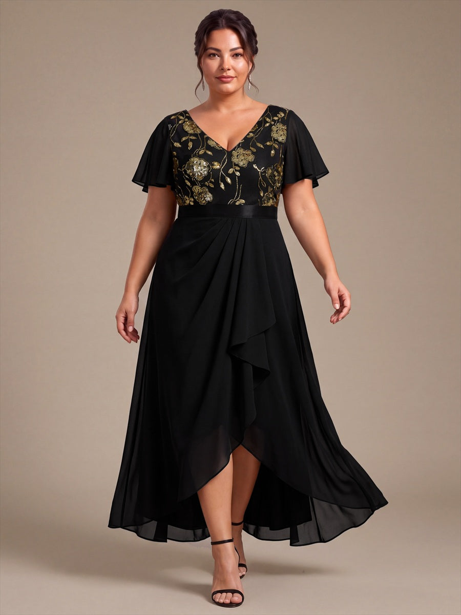 Chiffon V-Ausschnitt Asymmetrical Volantärmel brautmutterkleid #Farbe_Schwarz & Gold