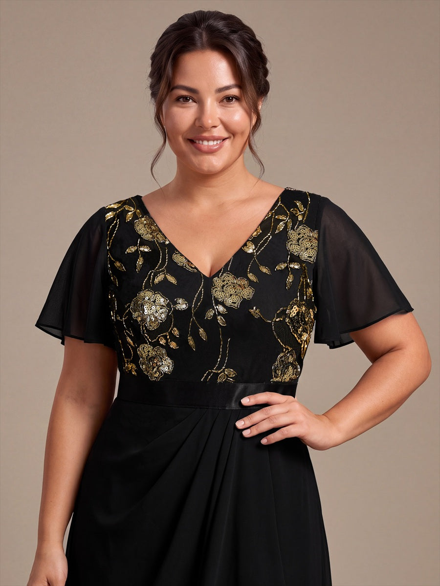 Chiffon V-Ausschnitt Asymmetrical Volantärmel brautmutterkleid #Farbe_Schwarz & Gold