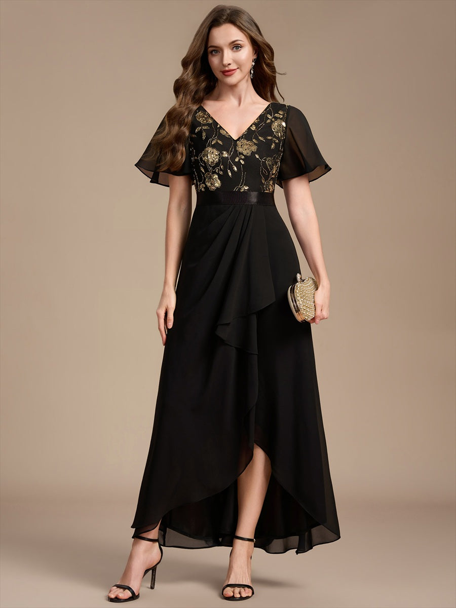 Chiffon V-Ausschnitt Asymmetrical Volantärmel brautmutterkleid #Farbe_Schwarz & Gold