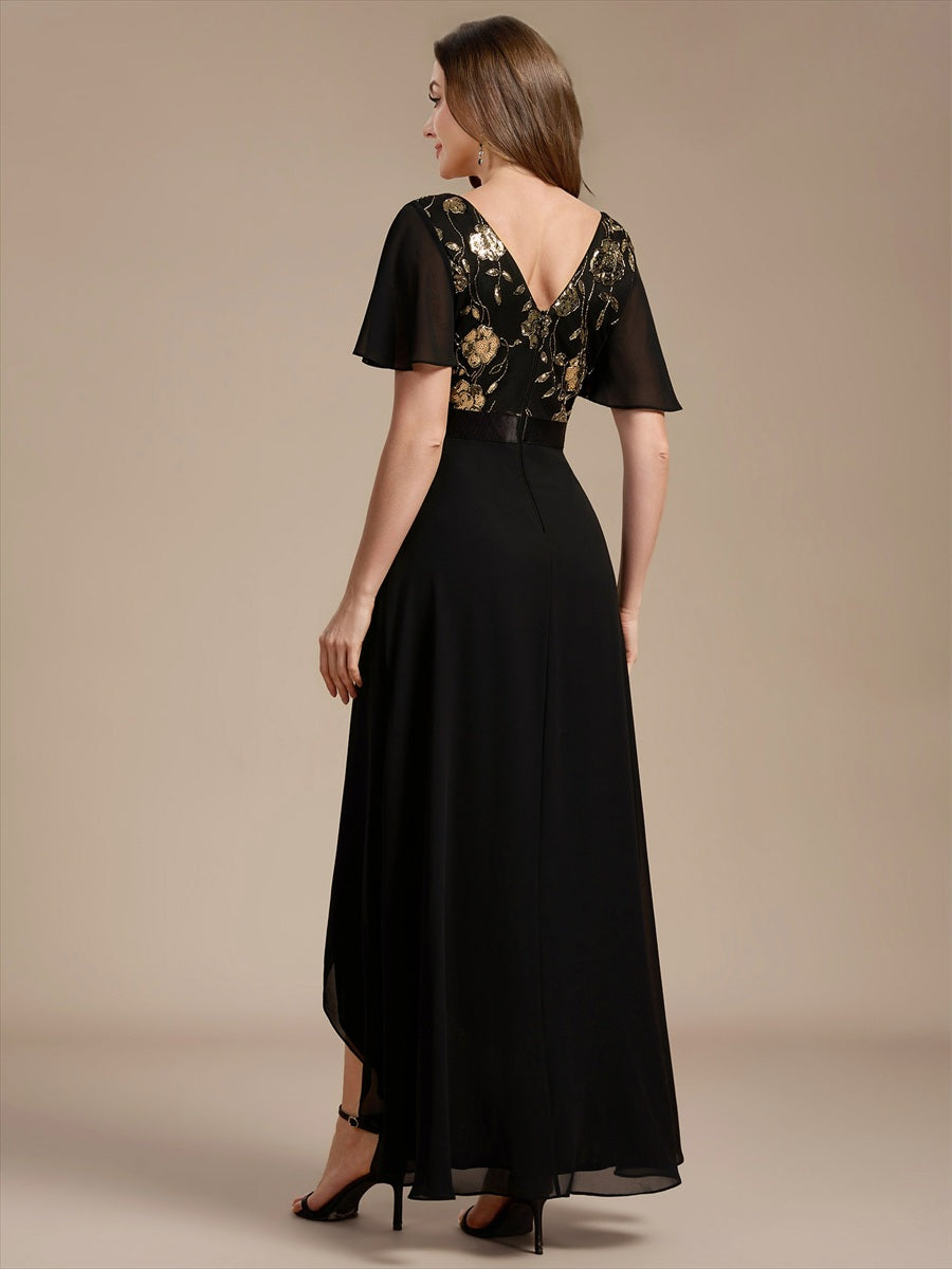 Chiffon V-Ausschnitt Asymmetrical Volantärmel brautmutterkleid #Farbe_Schwarz & Gold