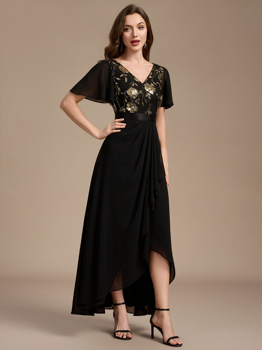 Chiffon V-Ausschnitt Asymmetrical Volantärmel brautmutterkleid #Farbe_Schwarz & Gold