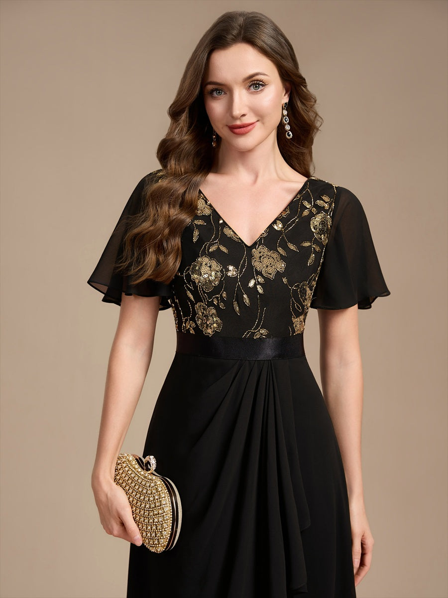Chiffon V-Ausschnitt Asymmetrical Volantärmel brautmutterkleid #Farbe_Schwarz & Gold