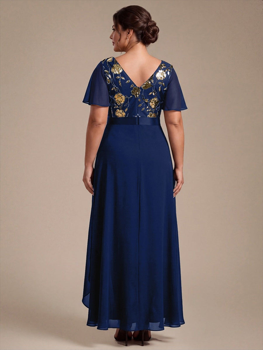 Chiffon V-Ausschnitt Asymmetrical Volantärmel brautmutterkleid #Farbe_Marineblau