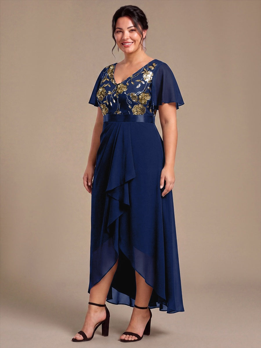 Chiffon V-Ausschnitt Asymmetrical Volantärmel brautmutterkleid #Farbe_Marineblau