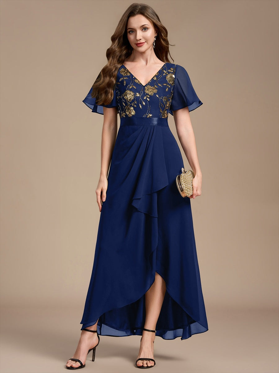 Chiffon V-Ausschnitt Asymmetrical Volantärmel brautmutterkleid #Farbe_Marineblau