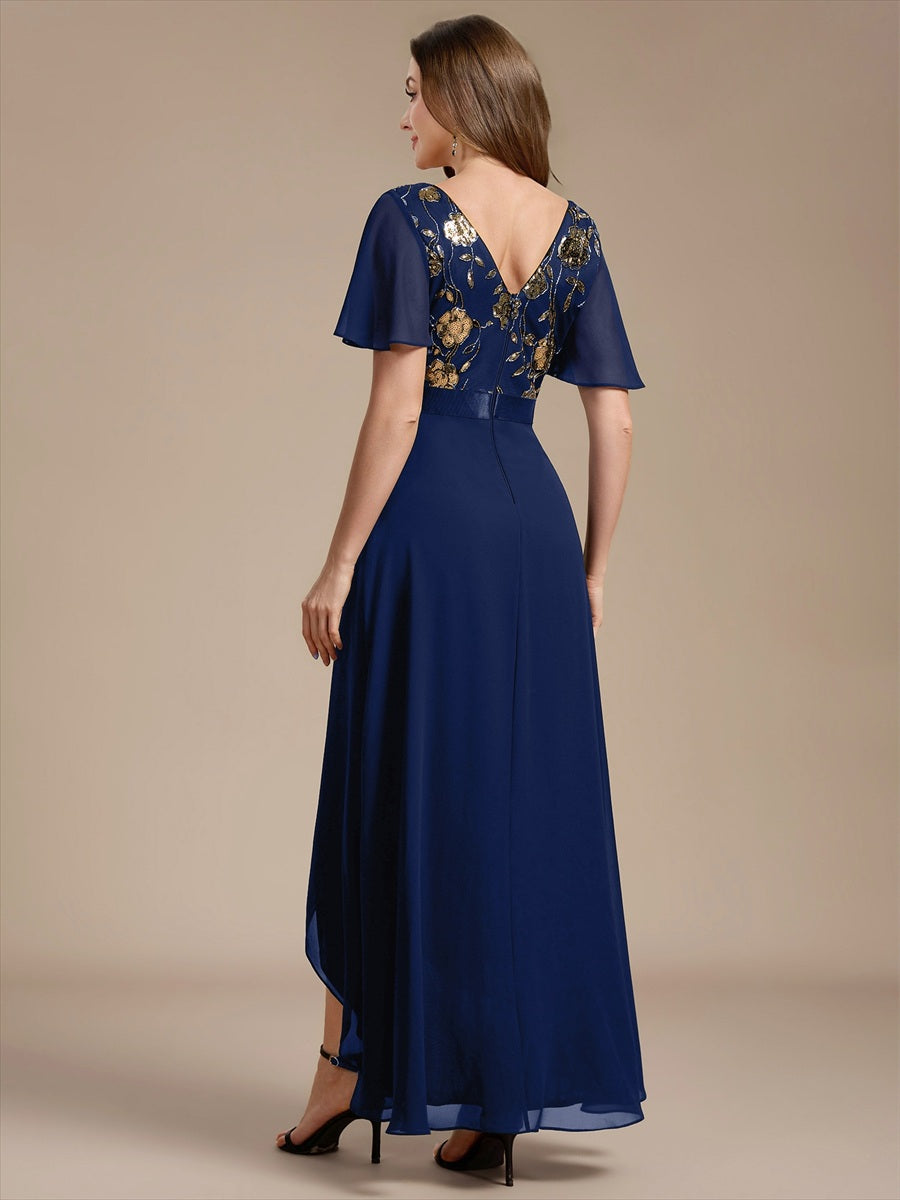 Chiffon V-Ausschnitt Asymmetrical Volantärmel brautmutterkleid #Farbe_Marineblau
