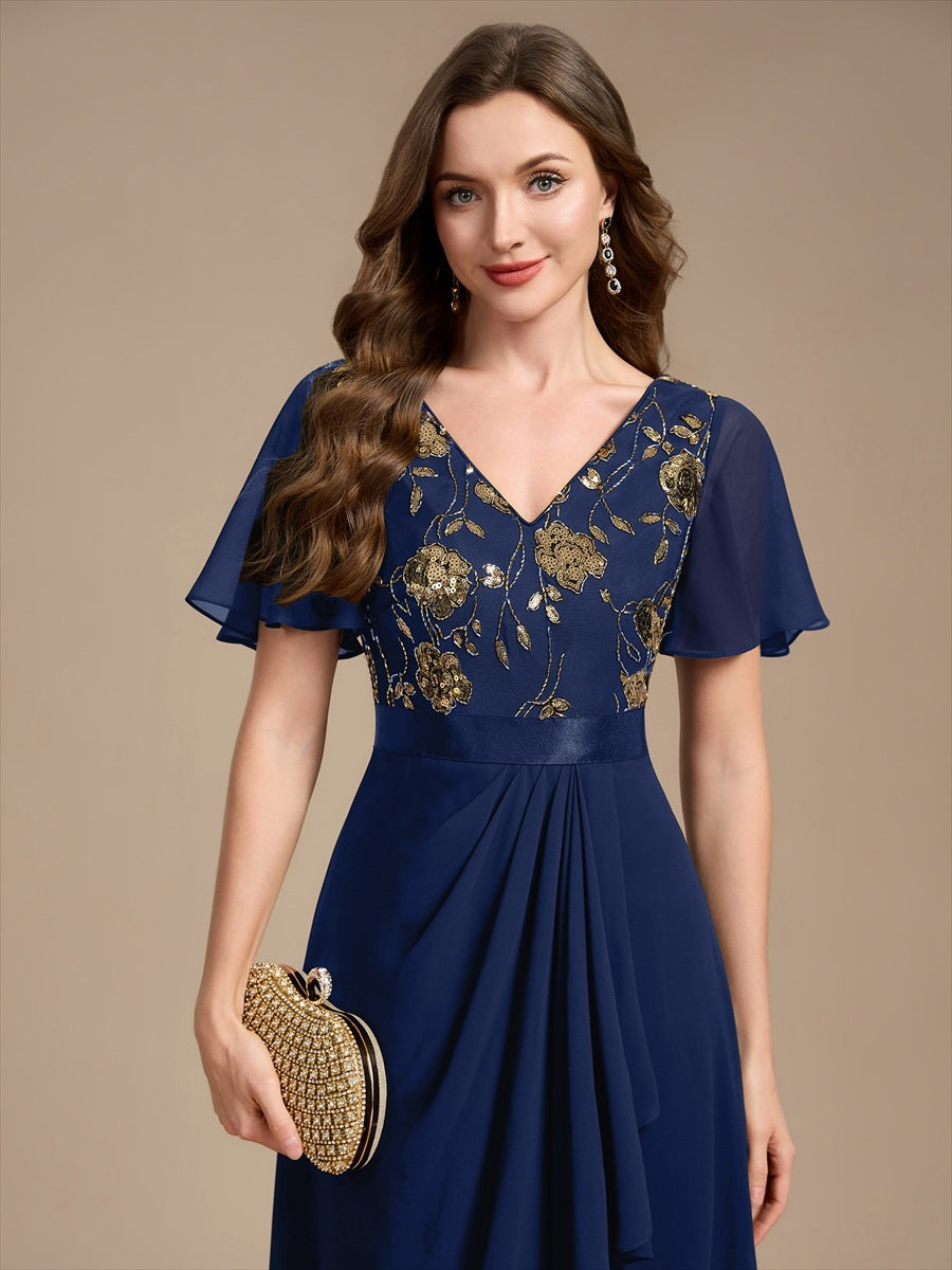 Chiffon V-Ausschnitt Asymmetrical Volantärmel brautmutterkleid #Farbe_Marineblau