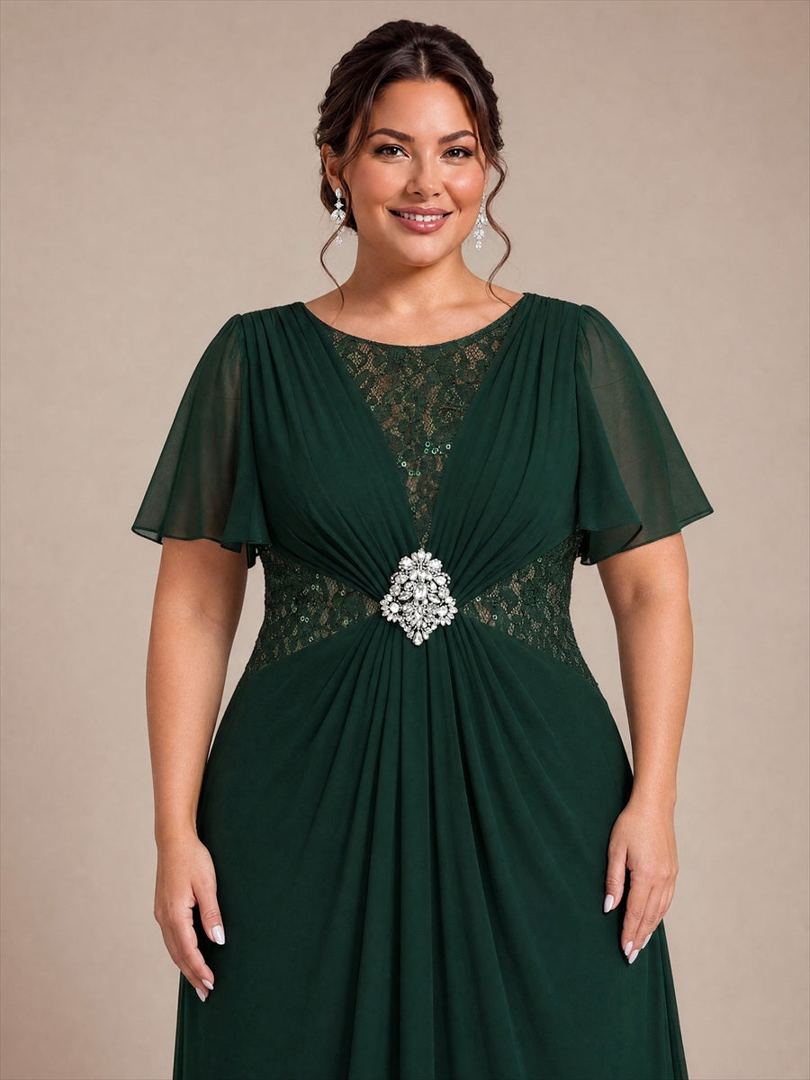 Chiffon A-Linie Volantärmel Nicht elastisch brautmutterkleid #Farbe_Dunkelwaldgrün