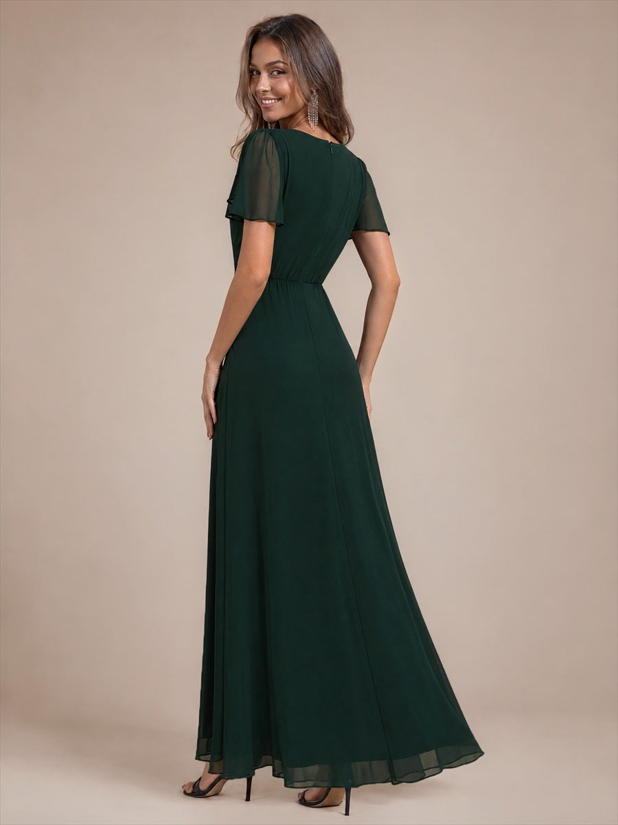 Chiffon A-Linie Volantärmel Nicht elastisch brautmutterkleid #Farbe_Dunkelwaldgrün