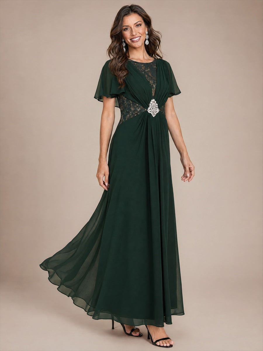 Chiffon A-Linie Volantärmel Nicht elastisch brautmutterkleid #Farbe_Dunkelwaldgrün