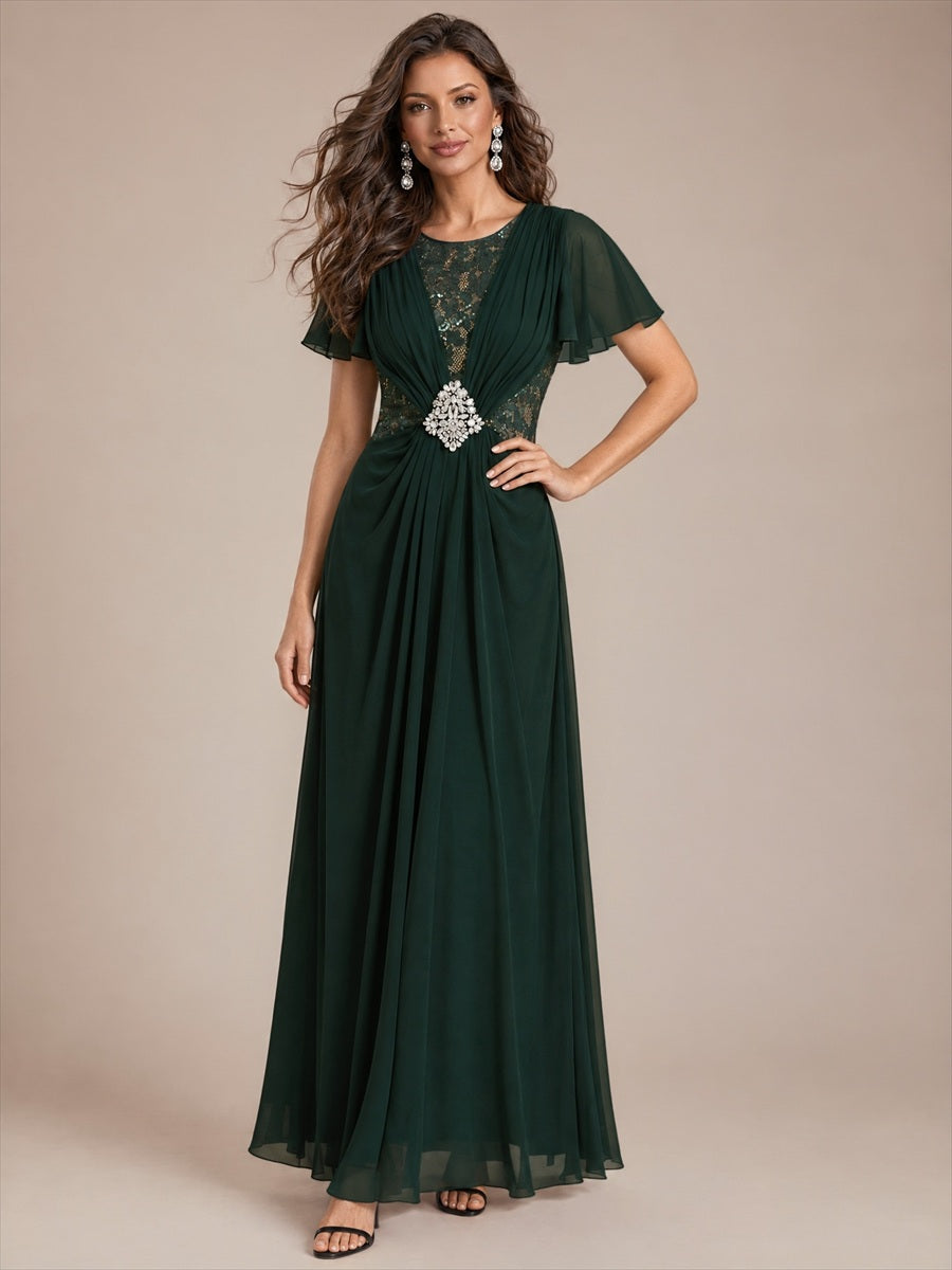 Chiffon A-Linie Volantärmel Nicht elastisch brautmutterkleid #Farbe_Dunkelwaldgrün