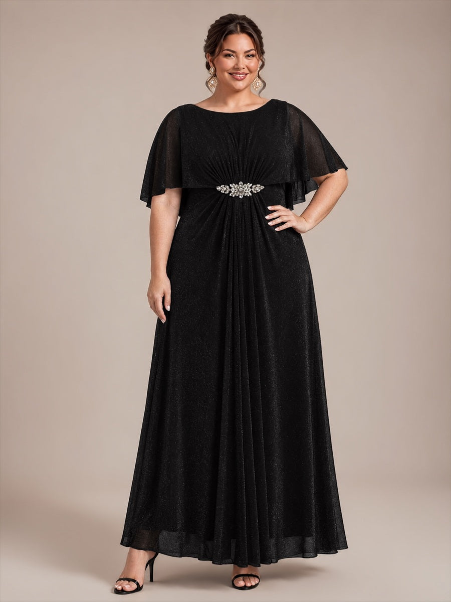 Bodenlang mit A-Linie, Cape-Ärmel, und brautmutterkleid #Farbe_Schwarz