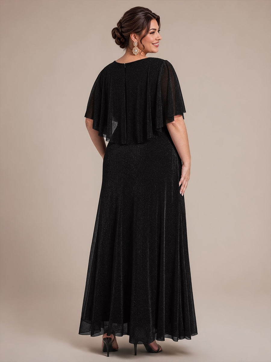 Bodenlang mit A-Linie, Cape-Ärmel, und brautmutterkleid #Farbe_Schwarz