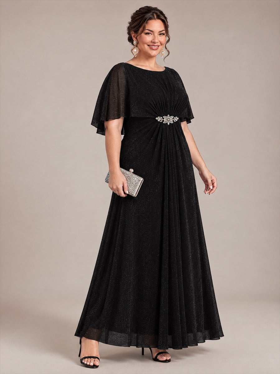 Bodenlang mit A-Linie, Cape-Ärmel, und brautmutterkleid #Farbe_Schwarz