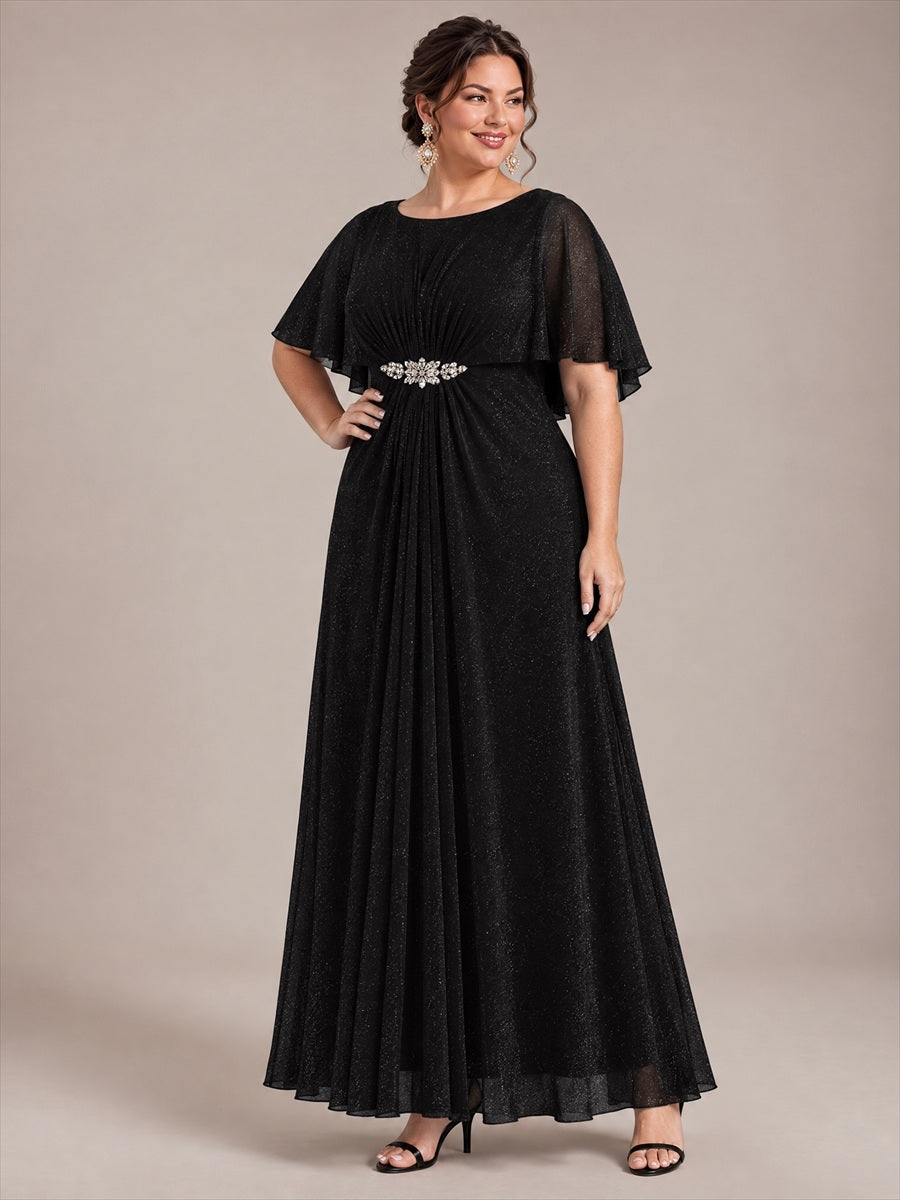 Bodenlang mit A-Linie, Cape-Ärmel, und brautmutterkleid #Farbe_Schwarz